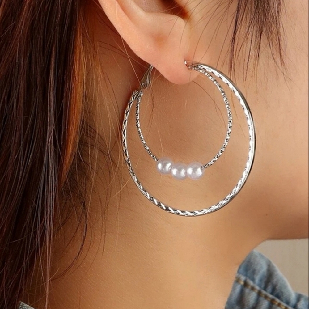 Double Hoop Silver with Pearls, 2" Hoops